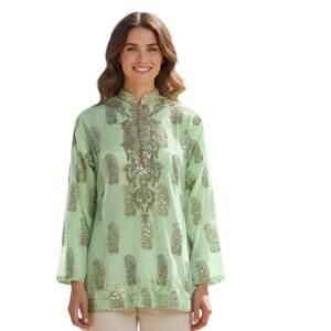 Juliet Dunn London Embellished Top Paisley Green Sz Small Boho chic Artsy tunic